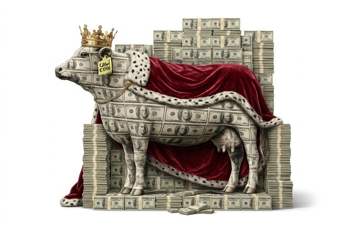 A 'cash cow' sculpture made of stacked US dollar bills, wearing a golden crown and a royal red velvet cape with ermine trim, with a tag labeled 'CASH COW'.