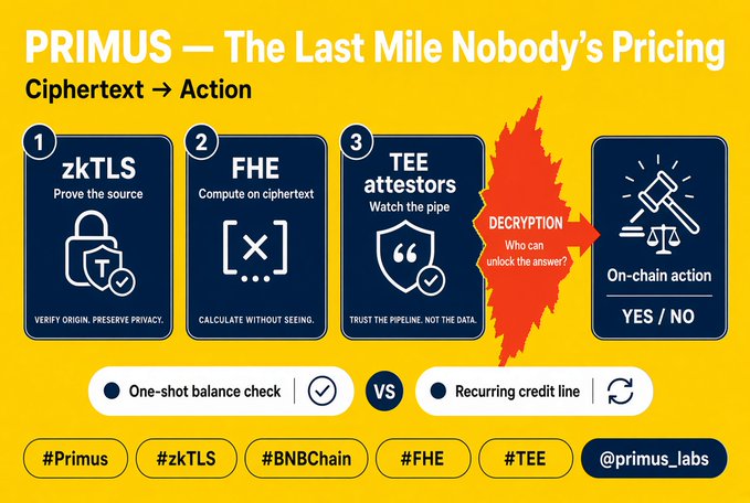 An infographic on a yellow background titled 'PRIMUS — The Last Mile Nobody's Pricing' illustrates a 'Ciphertext → Action' process using zkTLS, FHE, and TEE attestors, leading to decryption and 'On-chain action YES / NO'.