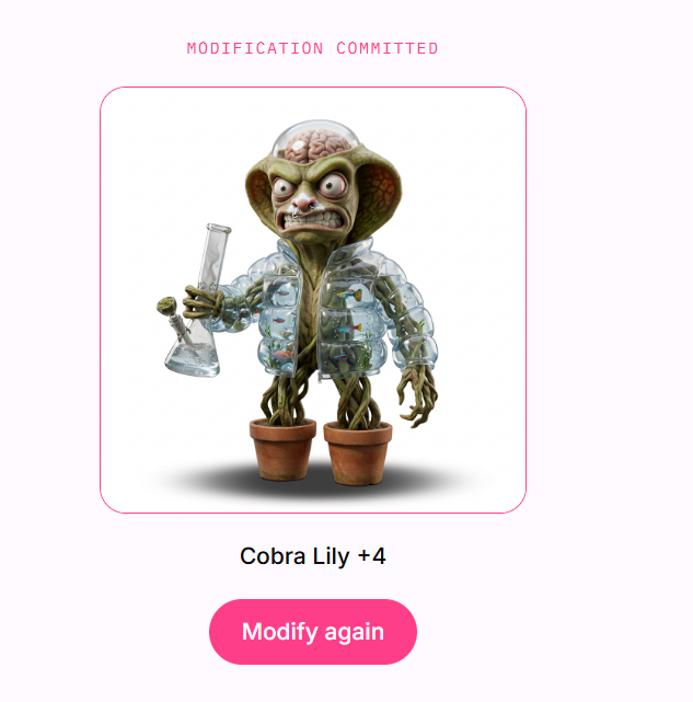 An app interface showing "MODIFICATION COMMITTED" above a 3D render of a bizarre plant-creature wearing a lab coat and holding a flask, with options for "Cobra Lily +4" and a "Modify again" button.