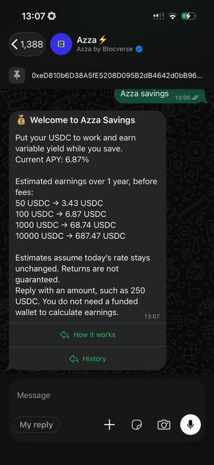 A mobile screenshot of a Telegram channel named 'Azza by Blocverse' displaying a welcome message for 'Azza Savings' offering 6.87% APY on USDC with estimated earnings examples for various deposit amounts.