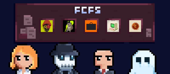 Pixel art image showing four characters below a red banner labeled "FCFS" containing five icons including a flame skull, dog, briefcase, retro computer, and spiked ball.