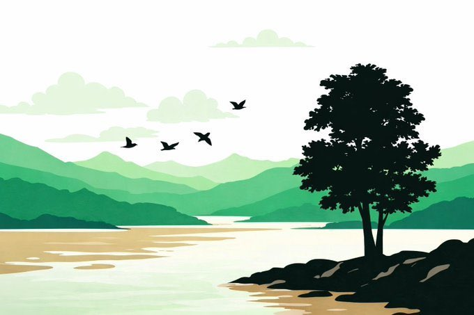A serene digital landscape illustration featuring layered green mountains, a calm body of water, a large silhouetted tree on the right shore, and four birds flying across a pale sky with soft clouds.