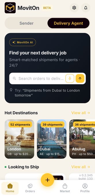 The image shows the MovitOn app interface in "Delivery Agent" mode, featuring an AI-powered search for delivery jobs and "Hot Destinations" including London (52 shipments, up to $20...), Dubai (39 shipments, up to $15...), and Abulug (36 shipments, up to $50...).

The app visualizes the post's concept of peer-to-peer delivery by leveraging existing travelers—showing delivery agents how they can monetize their journeys to popular destinations like London and Dubai by carrying shipments along their routes.