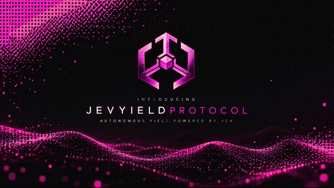 Promotional graphic for Jevyield Protocol with a pink and black futuristic design, featuring the tagline 'Autonomous Yield Powered by JEV'.