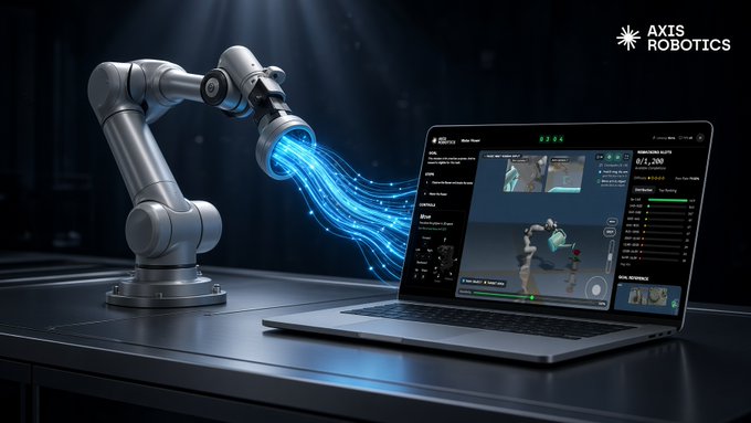 Promotional image for Axis Robotics showing a robotic arm transferring glowing blue data into a laptop displaying fleet management software.