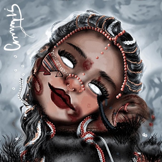 Digital art portrait of a woman with dark braided hair, white eyes, decorative beaded jewelry, and tribal face markings, signed 'Chynelle' in the upper left corner.