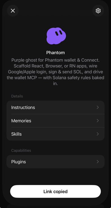 A mobile app interface displaying a purple ghost icon labeled 'Phantom' with description text about Phantom wallet, showing options for Instructions, Memories, Skills, and a 'Link copied' notification.