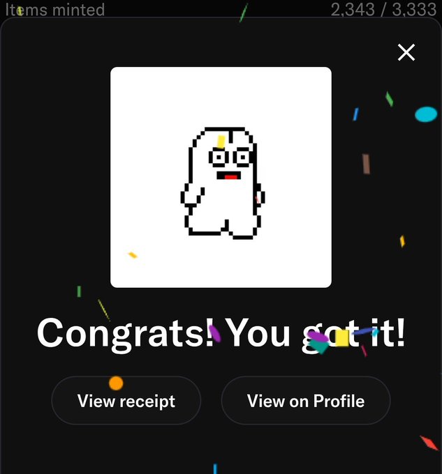 A pixel art NFT confirmation screen shows a white ghost character with the text "Congrats! You got it!" and "Items minted 2,343 / 3,333" at the top.