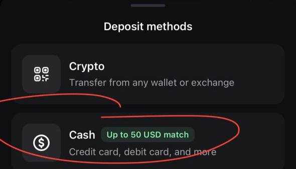 The image displays a "Deposit methods" menu with two options circled in red: "Crypto - Transfer from any wallet or exchange" and "Cash - Up to 50 USD match - Credit card, debit card, and more." This highlights the Cash deposit option, which offers a "Up to 50 USD match" bonus for funding via credit/debit card—aligning with the post's promotion of earning free money by depositing funds through a card payment method.