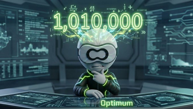 A 3D rendering shows a character with a large head wearing a white virtual reality headset, sitting at a console; glowing green text reads "1,010,000" and "Optimum" surrounded by data and formulas.