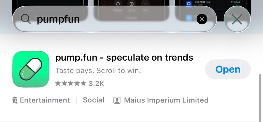 An app store listing showing 'pump.fun - speculate on trends' with tagline 'Taste pays. Scroll to win!', a 3.2K rating, and an 'Open' button.