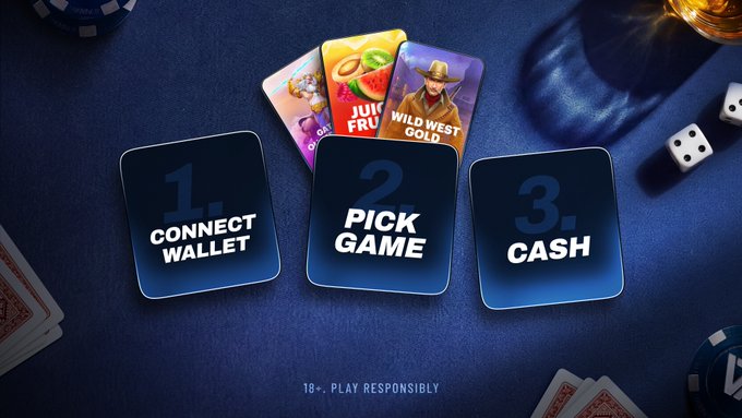 A casino-themed graphic displaying three numbered steps: '1. CONNECT WALLET', '2. PICK GAME' (showing slot game cards 'JUICY FRUITS' and 'WILD WEST GOLD'), and '3. CASH', with '18+. PLAY RESPONSIBLY' text at the bottom.