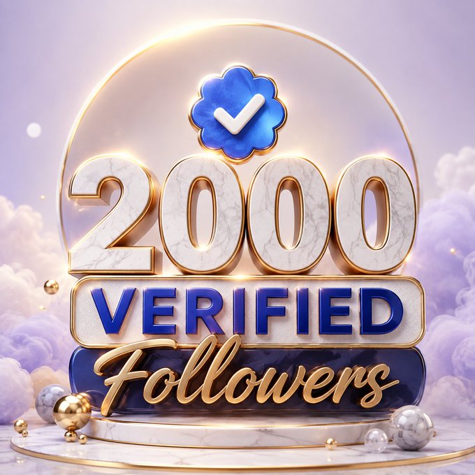 A 3D celebratory graphic displaying '2000 VERIFIED Followers' in white marble and gold lettering with a blue verification checkmark badge against a purple cloudy background.