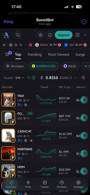The image shows a screenshot of the "BasedBot" mini app displaying the Robinhood launchpad rankings on Base, with PO_ topping the list at $69.71M MC (+77.82%), followed by CASHCAT at $146.29M MC (+24.67%) and MARTIANS at $1.49M MC (+2840.31%), alongside RAXOL ($1.7M) and VEX ($3.1M) tokens shown at the top. The screenshot visually confirms the post's claim about PO_ reaching a new ATH and topping the launchpad, while also showing the mentioned AI trading tokens RAXOL and VEX recovering at the top of the display.