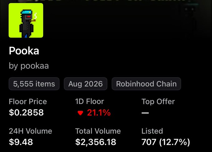 An NFT listing for 'Pooka' by pookaaa on Robinhood Chain, showing a floor price of $0.2858, down 21.1% in 1 day, with 5,555 items total.