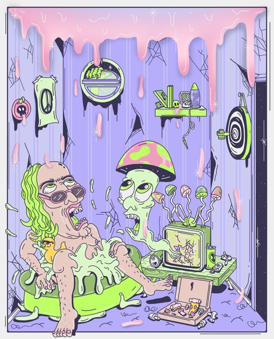 A trippy illustration shows two stoned, blob-like figures lounging in a dilapidated room covered in pink slime and mushrooms, with one watching a cracked TV and a shattered picture frame on the floor. The chaotic, drugged-out scene visually echoes the post's urgent message about "Cosmos crashing" and a "LAST HOURS" minter event, suggesting that buying now will lead to a similarly messy, mind-melting outcome.