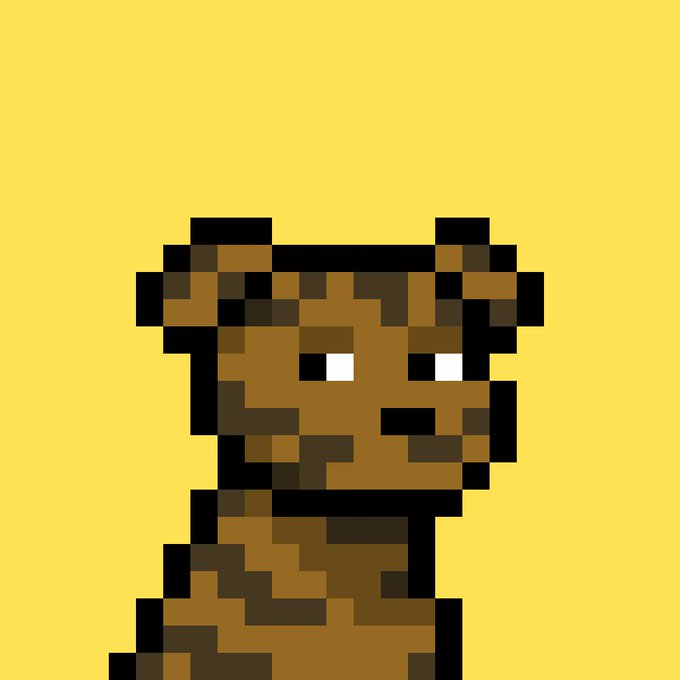A pixel art image of an orange-brown dog character set against a solid yellow background, rendered in a retro 8-bit video game style. The simple blocky design complements the post's message by depicting a loyal "Doginal Dog" mascot, symbolizing perseverance in the crypto market.