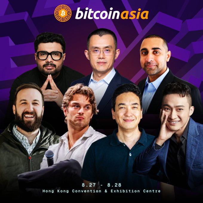 Promotional graphic for 'Bitcoin Asia' conference scheduled for 8.27-8.28 at Hong Kong Convention & Exhibition Centre, featuring photos of six male speakers against a purple background.