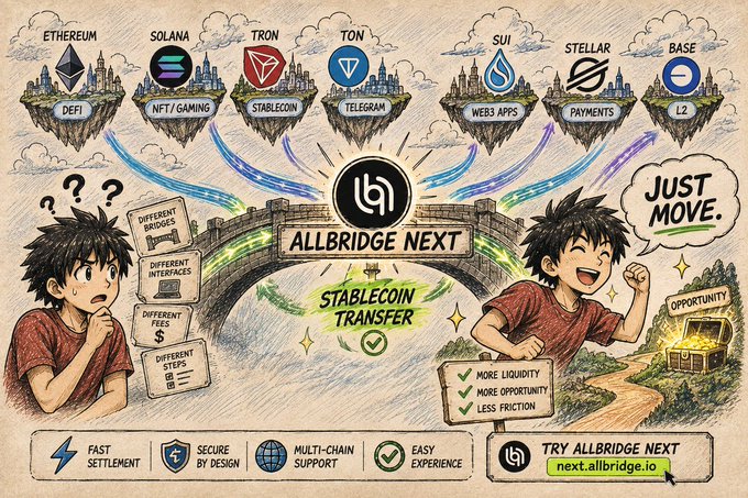 A hand-drawn style infographic for 'ALLBRIDGE NEXT' showing a bridge connecting various blockchain networks (Ethereum, Solana, Tron, TON, SUI, Stellar, Base) for stablecoin transfer, with cartoon characters illustrating the choice between complications and opportunity.