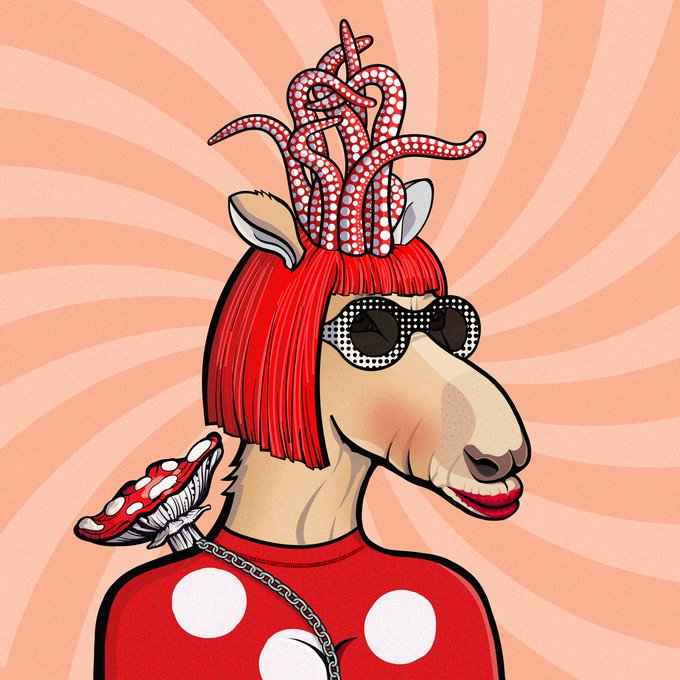 A stylized cartoon illustration of a giraffe-like character with a red bob haircut, polka-dot sunglasses, and red-and-white polka dot tentacles emerging from its head, set against a swirly peach background.