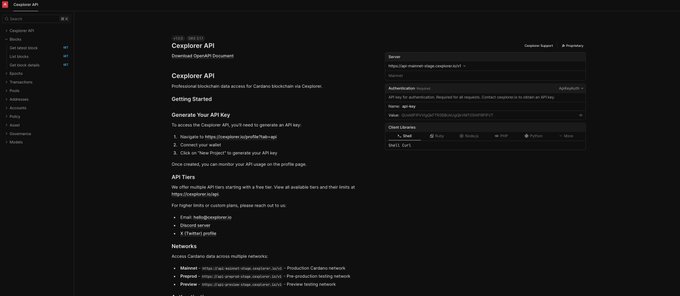 A screenshot of the Cexplorer API documentation page showing the OpenAPI documentation, API key generation instructions, and configuration form on a dark theme interface.