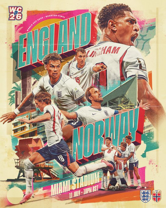 A promotional poster for the England vs. Norway World Cup 2026 quarter-final at Miami Stadium on 11 July at 10PM BST, featuring England's Bellingham in action. The image ties to the post's tongue-in-cheek claim that an England victory will cause XRP's price to "moon," referencing tonight's crucial match as a market catalyst.