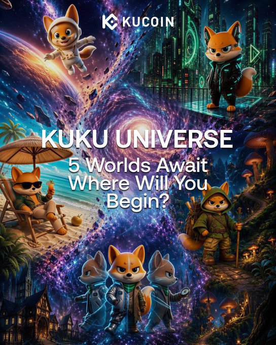 A promotional graphic for 'KUCOIN KUKU UNIVERSE - 5 Worlds Await Where Will You Begin?' featuring fox-like mascot characters in different settings like space, a beach, and a fantasy forest.