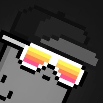 A pixelated illustration of a character with glowing yellow and pink gradient sunglasses against a dark background.