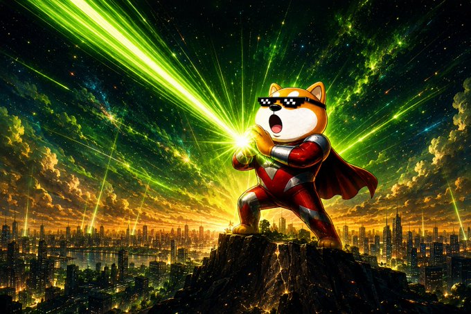 An anime-style illustration of a Shiba Inu dog wearing sunglasses and a red cape, standing heroically on a cliff overlooking a city while emitting green energy beams.