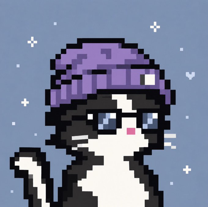 A pixel art illustration of a black and white cat with large blue eyes, wearing a purple beanie, against a light blue background with small white sparkles.