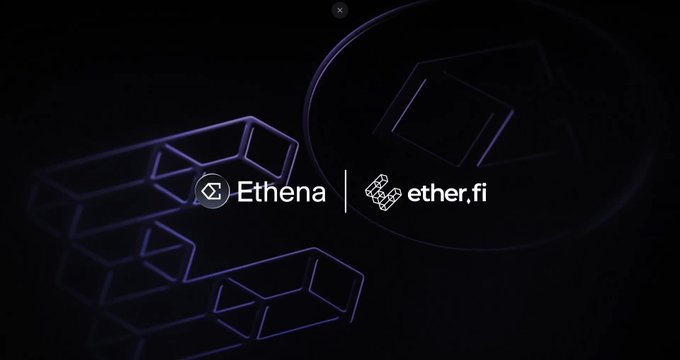A dark themed graphic with glowing purple geometric shapes displaying the logos and text 'Ethena' and 'ether.fi' side by side, indicating a partnership or collaboration between the two cryptocurrency platforms.