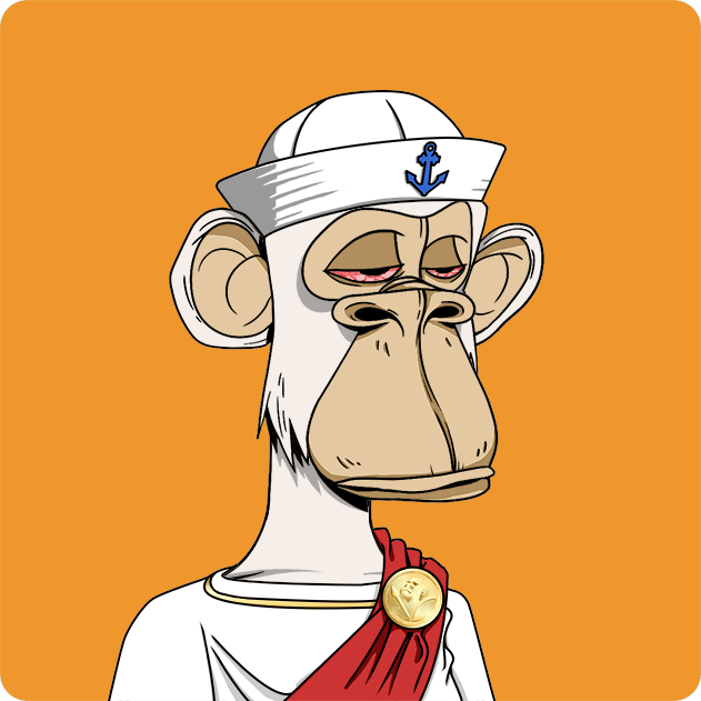The image features a cartoon monkey wearing a sailor hat, which has an anchor on its head. The monkey appears to be sitting against a bright orange background with a gold medal hanging around its neck. The caption of the image reads "Ape #1355 Bought for 9.58 ETH 0x2946...a20b ... Return to Monke: opensea.io/collection/bor ... bored ape yacht club".