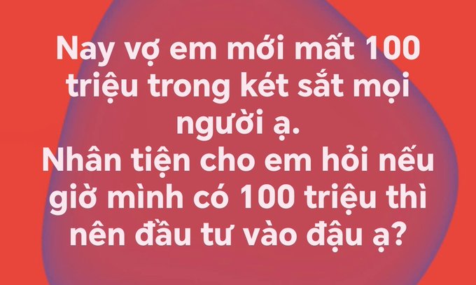 A red and purple graphic with Vietnamese text asking where to invest 100 million VND, as the husband just won that amount from a lottery ticket in his wife's underwear.