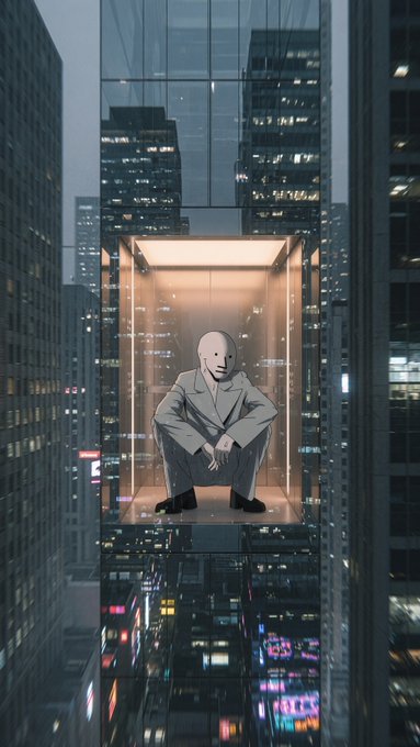 A surreal digital artwork showing a figure in a suit with a blank white mask, crouching inside a glowing glass box suspended in the nighttime cityscape of a dense metropolis.