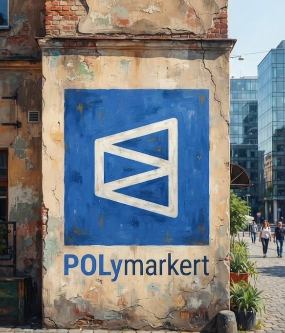 A painted sign on a weathered building wall displays a blue logo with the text 'POLYmarkert', set against an urban street scene with a modern glass building in the background.