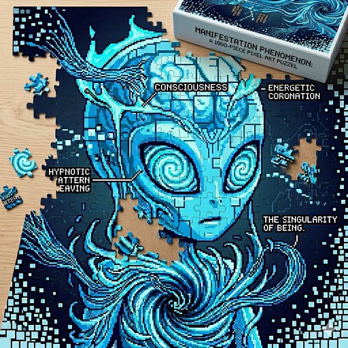 The image features a puzzle with blue pieces that depicts an alien face, surrounded by a spiral galaxy background. The puzzle has been partially completed, revealing the alien's face and the galaxy behind it. The puzzle box also contains a manual for assembling the puzzle, which includes information about the different parts of the puzzle and how to assemble them.