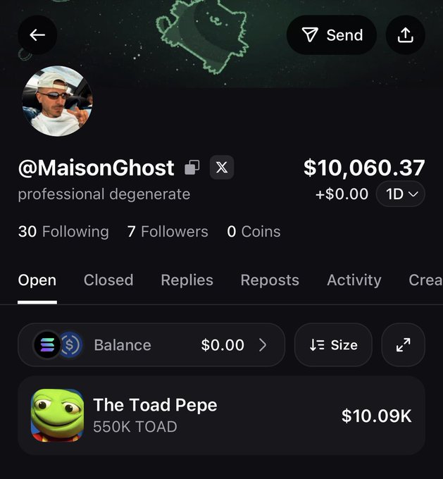 The image shows a social media profile for "@MaisonGhost" with the bio "professional degenerate," displaying a balance of $10,060.37 and showing a holding of "550K TOAD" valued at $10.09K for "The Toad Pepe." This visual evidence supports the post's claim of receiving $10,000 worth of free $TOAD tokens, which the user is now giving away to followers.
