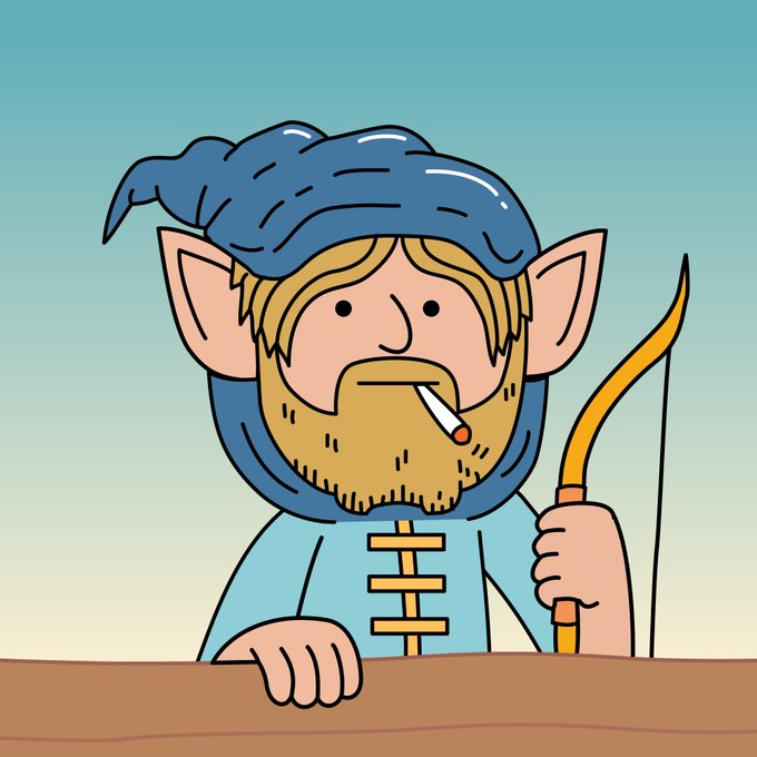 A cartoon illustration of a blonde, bearded elf character wearing a blue tunic and hat, smoking a cigarette while holding a bow.