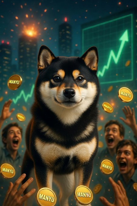 An AI-generated illustration of a Shiba Inu dog surrounded by falling 'MANYU' coins and cheering people, with a green stock chart showing an upward arrow in the background.