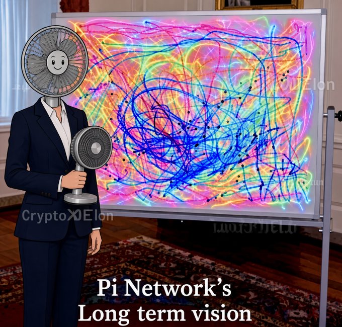 A figure in a suit with a fan for a head stands holding a smaller fan next to a whiteboard covered in chaotic scribbles and neon scribbles, captioned "Pi Network's Long term vision" with the watermark "CryptoXDElon." The image satirizes Pi Network's unclear future plans, with the scribbled board and disorienting colors humorously representing the confusion surrounding the project's long-term roadmap.
