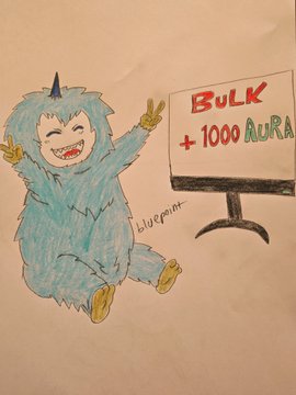 The image features a cartoon character, likely a blue monster or monster dog, sitting next to a computer monitor. The character appears happy as if they are giving a thumbs up. A sign with "BULK @bulk trade" written on it is positioned nearby, and there's also an advertisement for bulk products that includes the numbers "1,000 @aura". It seems like the cartoon character is promoting a product or service related to bulk items.