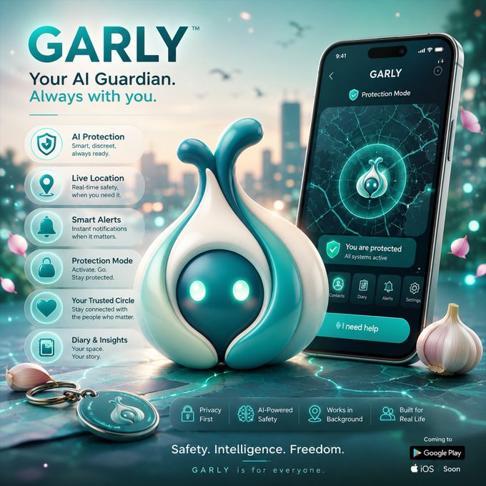 A promotional advertisement for "GARLY - Your AI Guardian. Always with you." features a teal and white garlic-shaped device next to a smartphone showing a protection app, with features like AI Protection, Live Location, and Smart Alerts listed.