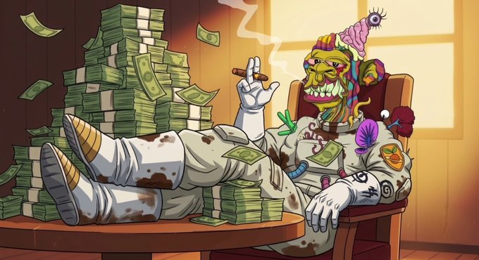 This image depicts a cartoon character lounging with stacks of cash, seemingly celebrating a successful week or a profitable outcome. It complements the "GM & have a happy weekend" post by conveying a feeling of financial abundance and relaxation, perfect for the start of a weekend.