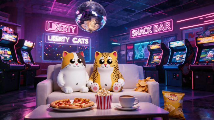 Two adorable mascot cats lounge on a couch amid popcorn, pizza, and a coffee cup in a neon-lit arcade, with signs reading "LIBERTY CATS" and "SNACK BAR"—capturing the playful, community-driven vibe of the @LibertyCats_APP.