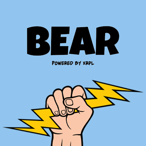 A cartoon-style graphic features a raised fist with yellow lightning bolts, set against a light blue background, with bold black text reading "BEAR" and "POWERED BY XRPL" beneath it—visually reinforcing the post's message that $BEAR is a token built on the XRP Ledger, accessible via JoeyWallet and First Ledger.