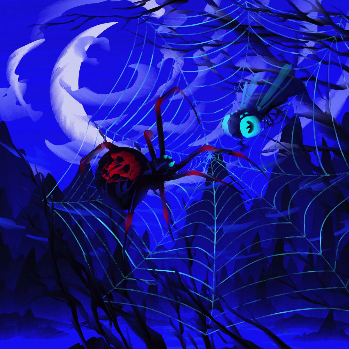 The image features a spider with red legs and a web, as well as a fly with blue wings, both situated within a dark blue background that resembles a night sky or forest at night. The spider appears to be crawling towards the fly, creating an atmosphere of tension between the two creatures. The post suggests that this scene is part of a larger art project called "GM $FLIES more flies art for you" by @Zaharia_af".