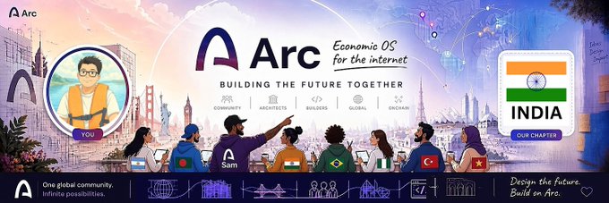 A promotional banner for 'Arc - Economic OS for the internet' featuring an illustrated avatar named 'You' alongside diverse people wearing country flag hoodies, highlighting the India chapter with tags including Community, Architects, Builders, Global, and Onchain.