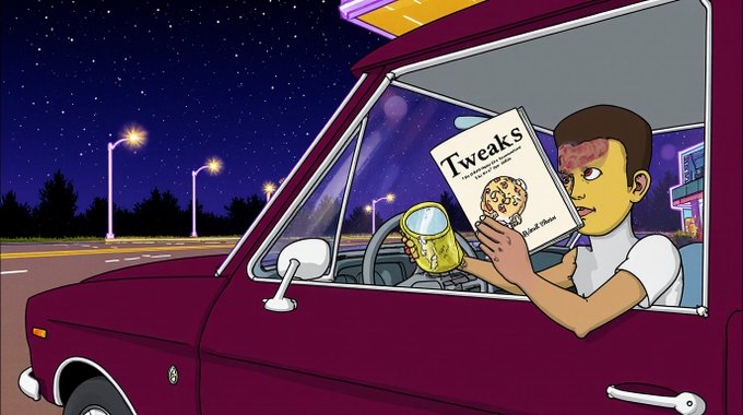 An animated illustration of a boy with a beard driving a maroon van at night, holding a yellow mug and reading a magazine titled 'Tweaks'.