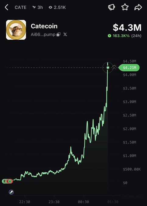A cryptocurrency trading chart showing CATE (Catecoin) with a 24-hour gain of 163.3K%, surging from near $0 to $4.21M, aligning with the post celebrating its massive pump and suggesting it's time to take profits.