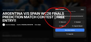 A promotional graphic announcing an 'ARGENTINA V/S SPAIN WC'26 FINALS PREDICTION MATCH CONTEST | FREE ENTRY!!' by TradingView, with a red circle highlighting the contest interface.